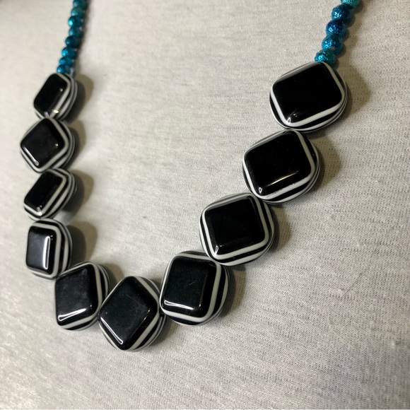 Handmade Metallic Turquoise and Black/White Necklace Medium Length - Picture 2 of 8